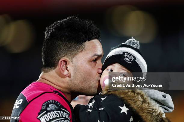 Issac Luke of the Warriors spends time with his family after the round 19 NRL match between the New Zealand Warriors and the Penrith Panthers at Mt...