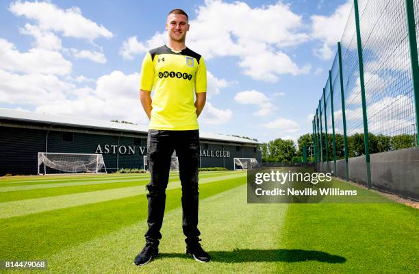 New loan signing Sam Johnstone of Aston Villa poses for a picture at the club's training ground at Bodymoor Heath on July 12, 2017 in Birmingham,...