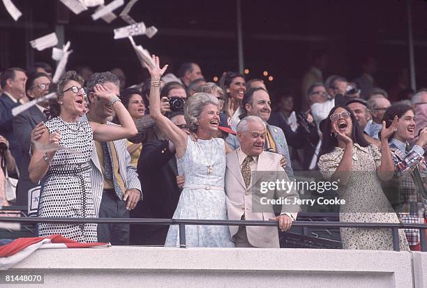 Horse Racing: The Belmont Stakes, Secretariat owner Helen Chenery Tweedy and trainer Lucien Laurin victorious at Belmont Park, Elmont, NY 6/9/1973