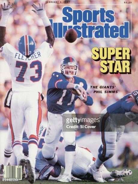 February 2, 1987 Sports Illustrated via Getty Images Cover, Football: Super Bowl XXI, New York Giants QB Phil Simms in action, making pass vs Denver...