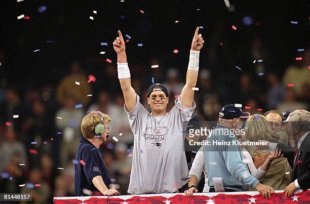 Football: Super Bowl XXXVI, New England Patriots QB Tom Brady victorious after game vs St, Louis Rams, New Orleans, LA 2/3/2002