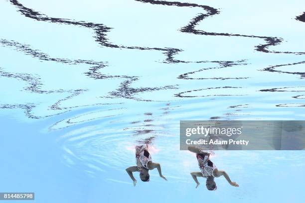 Yekaterina Nemich and Alexandra and Nemich of Kazakhstan compete during the Womens Synchronised Duet Technical, Preliminary round on day one of the...