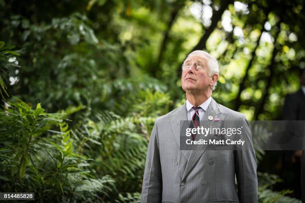 Prince Charles, Prince of Wales takes a tour of the gardens at Plas Cadnant Hidden Gardens during The Prince of Wales' annual summer visit to Wales...