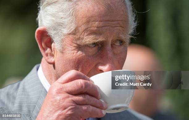 Prince Charles, Prince of Wales has a cup of tea as he takes a tour of the gardens at Plas Cadnant Hidden Gardens during The Prince of Wales' annual...