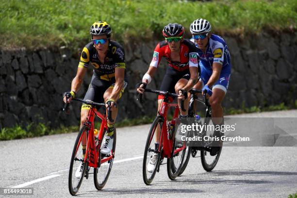 Sylvain Chavanel of France riding for Direct Energie and Philippe Gilbert of Belgium riding for Quick-Step Floors ride in a breakaway during stage 13...