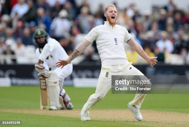 South Africa batsman Hashim Amla survives an lbw appeal by England bowler Ben Stokes which goes to the third umpire for referal during day one of the...