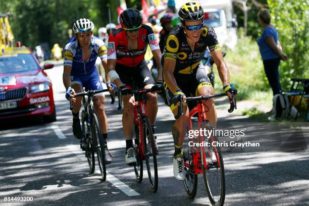 Sylvain Chavanel of France riding for Direct Energie and Philippe Gilbert of Belgium riding for Quick-Step Floors ride in a breakaway during stage 13...