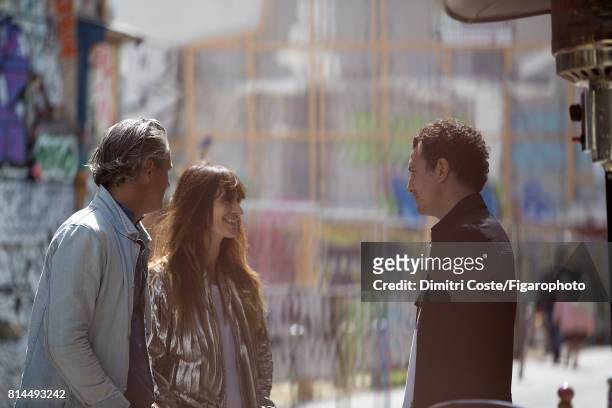 Writer Mathieu Terence, model Caroline de Maigret and writer Boris Bergmann are photographed for Madame Figaro on May 10, 2017 in Paris, France....