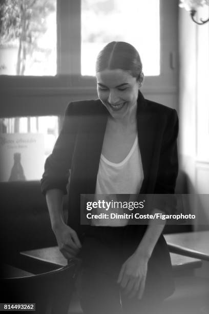 Writer Cecile Ladjali is photographed for Madame Figaro on May 10, 2017 at cafe de l'Arbalete in Paris, France. Suit , top . PUBLISHED IMAGE. CREDIT...