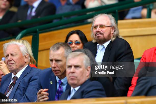 Barry Gibb looks on from the centre court royal box on day eleven of the Wimbledon Lawn Tennis Championships at the All England Lawn Tennis and...