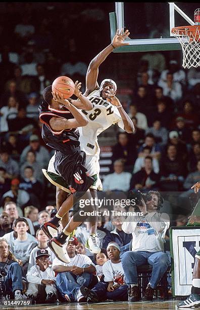 High School Basketball: Prime Time Shootout, St, Vincent-St, Mary LeBron James in action, making block vs Westchester, CA, Trenton, NJ 2/8/2003