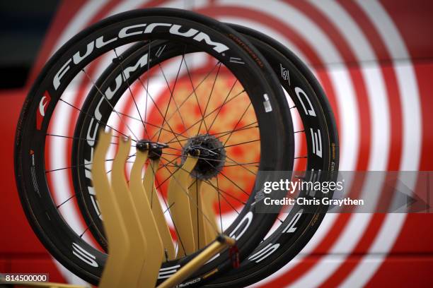 Spare wheels of the Bahrain Merida team are seen during stage 13 of the 2017 Le Tour de France, a 101km stage from Saint-Girons to Foix. On July 14,...