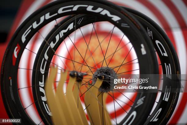 Spare wheels of the Bahrain Merida team are seen during stage 13 of the 2017 Le Tour de France, a 101km stage from Saint-Girons to Foix. On July 14,...