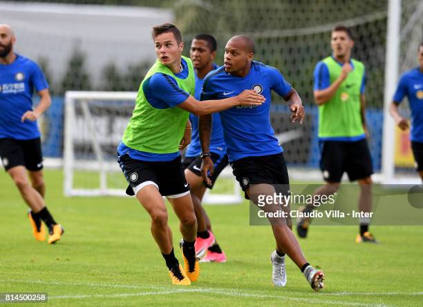 Jonathan Biabiany and Zinho Vanheusden of FC Internazionale compete for the ball during a training session on July 14, 2017 in Reischach near...