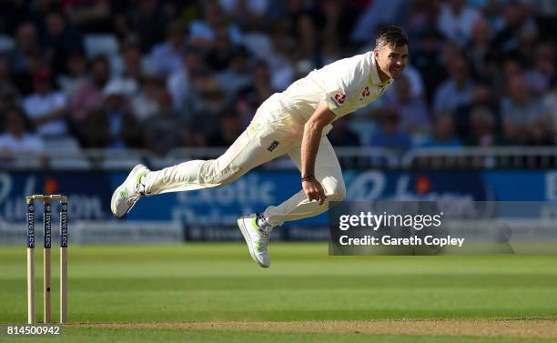 James Anderson of England bowls during day one of the 2nd Investec Test match between England and South Africa at Trent Bridge on July 14, 2017 in...