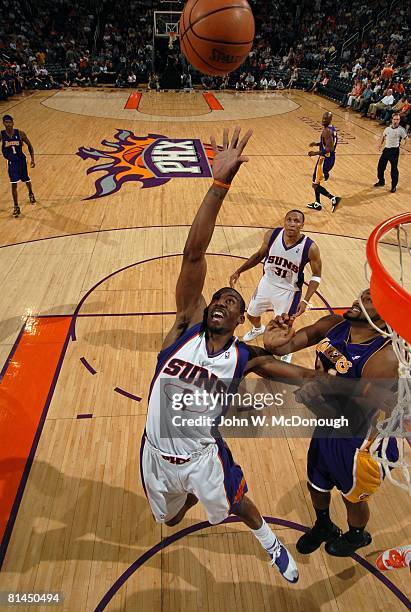 Basketball: Aerial view of Phoenix Suns Amare Stoudemire in action, taking shot vs Los Angeles Lakers Ronny Turiaf , Phoenix, AZ 4/13/2007