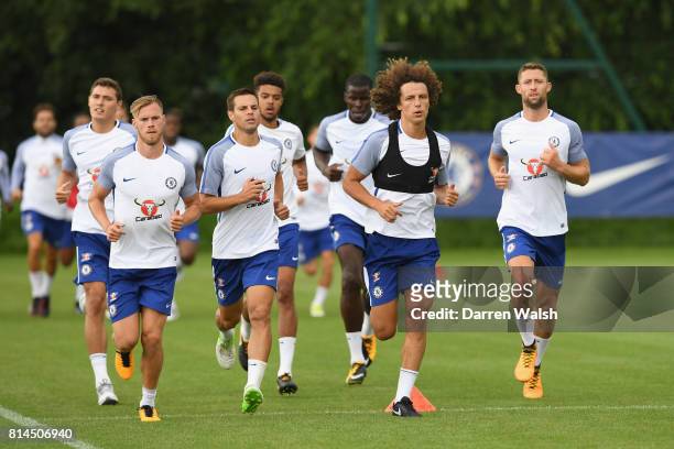 Kurt Zouma, Gary Cahill, Jake Clarke-Salter, David Luiz, Tomas Kalas, Andreas Christensen and Cesar Azpilicueta of Chelsea during a training session...