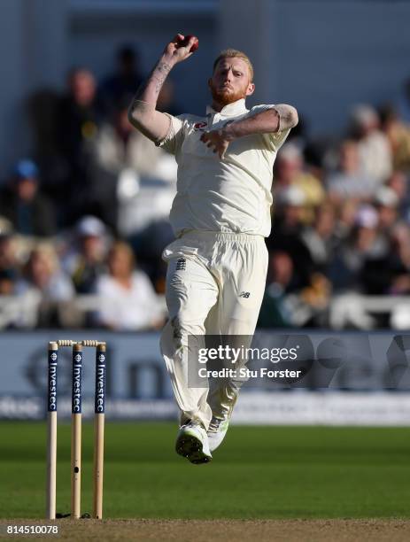 England bowler Ben Stokes in action during day one of the 2nd Investec Test match between England and South Africa at Trent Bridge on July 14, 2017...