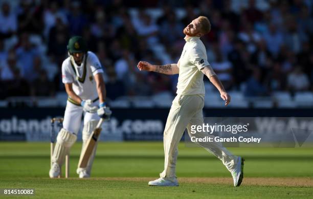 Ben Stokes of England reacts after bowling during day one of the 2nd Investec Test match between England and South Africa at Trent Bridge on July 14,...