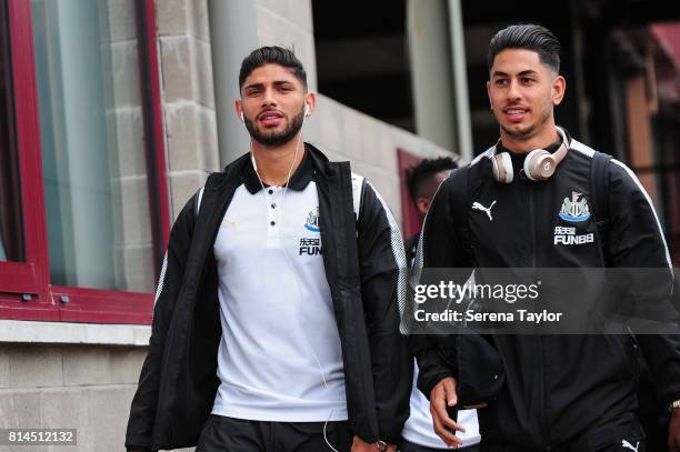 Achraf Lazaar and Ayoze Perez of Newcastle arrives for the Pre-Season Friendly between Heart of Midlothian and Newcastle United at the Tynecastle...