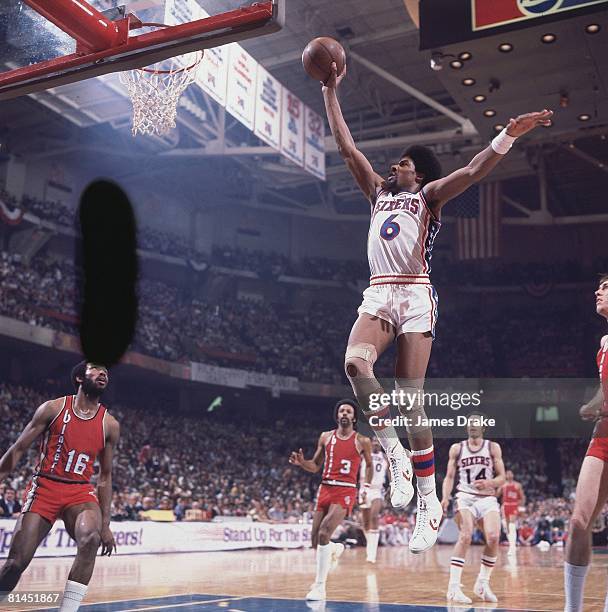 Basketball: NBA Finals, Philadelphia 76ers Julius Dr, J Erving in action vs Portland Trail Blazers, Game 2, Philadelphia, PA 5/26/1977