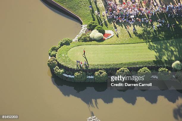 Golf: PGA Championship, Aerial scenic view from MetLife blimp of Tiger Woods in action, drive from tee on No, 18 during Sunday play at Medinah CC,...