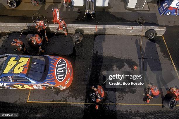 Auto Racing: NASCAR, Aerial view of Jeff Gordon's pit crew practicing tire changing and gas pumping at Hendrick Motorsports, Charlotte, NC 1/23/2002