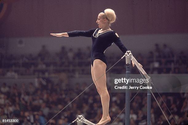 Gymnastics: 1968 Summer Olympics, CZE Vera Caslavska in action during uneven bars competition, Mexico City, MEX --