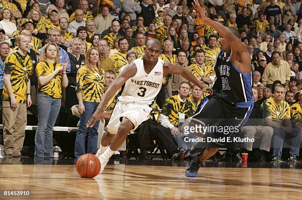 College Basketball: Wake Forest Chris Paul in action vs Duke DeMarcus Nelson , Winston-Salem, NC 2/2/2005