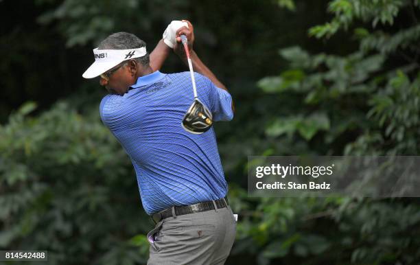 Vijay Singh takes a practice swing on the second hole during the second round of the PGA TOUR Champions Constellation SENIOR PLAYERS Championship at...