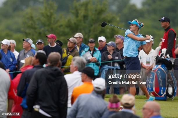 Lexi Thompson watches her tee shot on the first hole during the second round of the U.S. Women's Open Championship at Trump National Golf Course on...