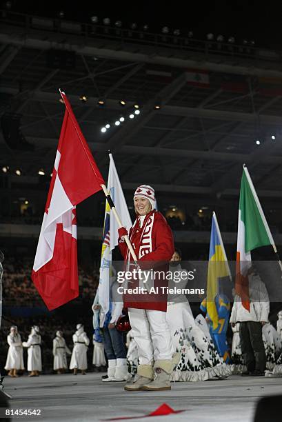 Closing Ceremony: 2006 Winter Olympics, Canada speed skating athlete and multiple medal winner Cindy Klassen with CAN flag after games at Stadio...