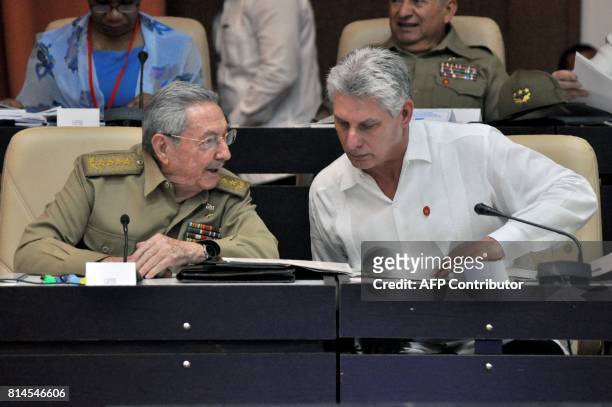 Cuban President Raul Castro and First Vice president Miguel Diaz-Canel speak during the Permanent Working Committees of the National Assembly of the...