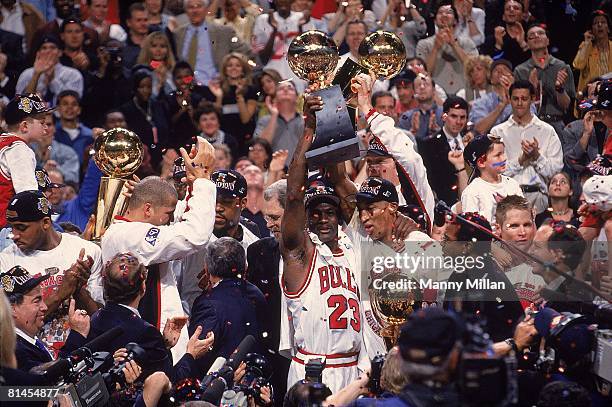 Basketball: NBA Finals, Chicago Bulls Michael Jordan and Scottie Pippen victorious after winning Game 6 and championship vs Utah Jazz, View of media,...