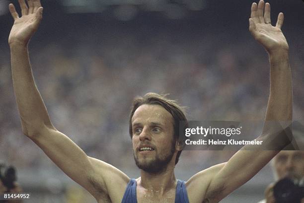 Track & Field: 1976 Summer Olympics, Closeup of FIN Lasse Viren victorious after 5000M race, Montreal, CAN 7/17/1976--7/31/1976