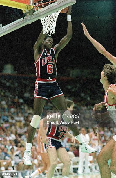 Basketball: 1984 Summer Olympics, USA Patrick Ewing in action, getting rebound vs Spain during gold medal final, Inglewood, CA 8/10/1984