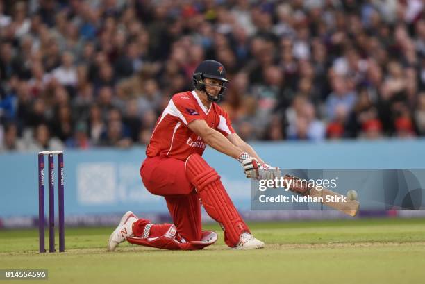 Ryan McLaren of Lancashire Lightning batting during the NatWest T20 Blast match against Lancashire Lightning and Yorkshire Vikings at Old Trafford on...