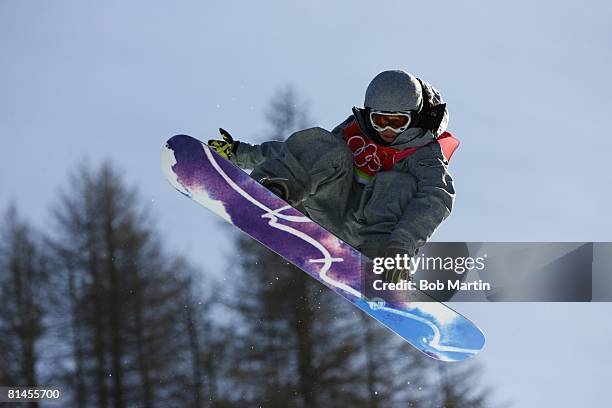 Snowboarding: 2006 Winter Olympics, Norway Kjersti Buaas in action during Ladies' Halfpipe Final Run 1 at Bardonecchia, Alta Val di Susa, Italy...