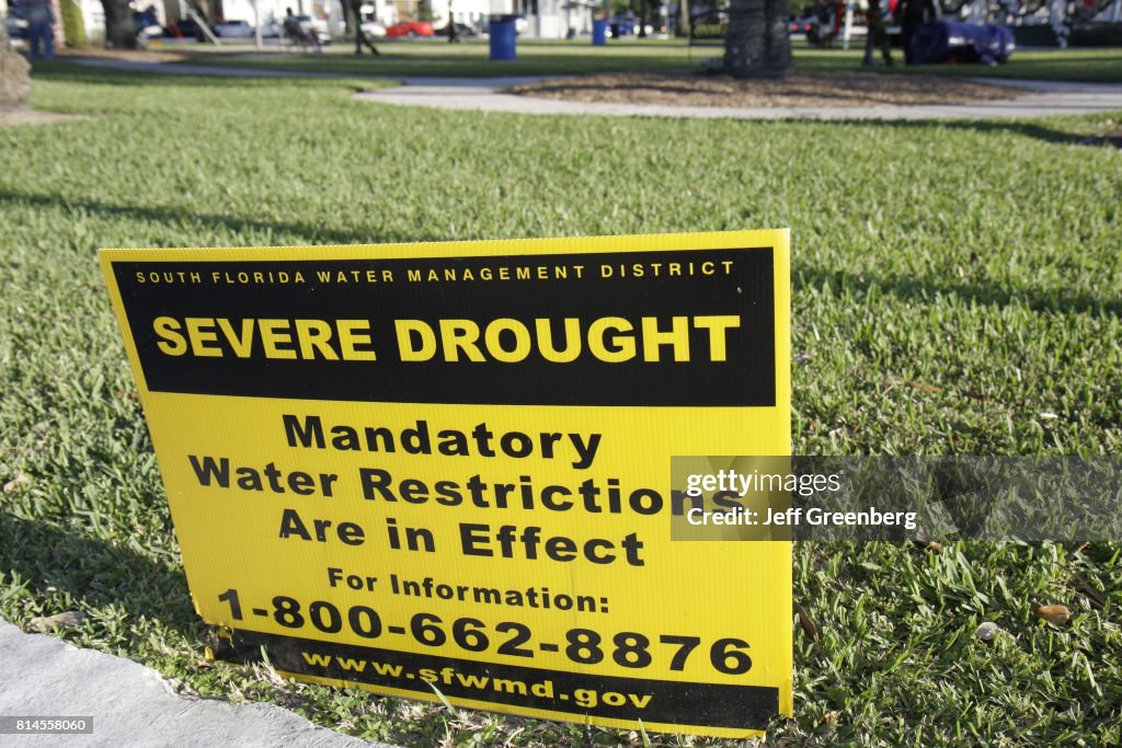 A severe drought sign at Glenn H Curtiss Memorial Circle