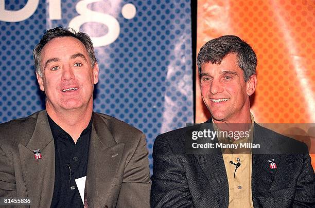 Winter Olympics: Closeup of former USA goalie Jim Craig and USA speed skating athlete Eric Heiden during media press conference at Rockefeller...