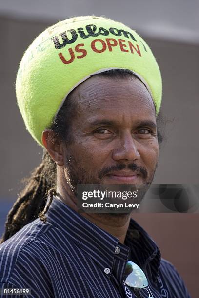 Tennis: US Open, Closeup of unusual fan wearing large tennis ball as hat at National Tennis Center, Flushing, NY 9/8/2006