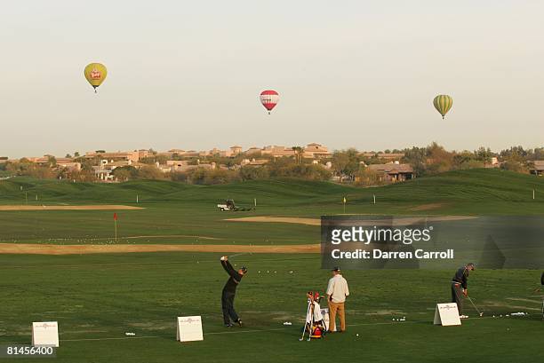 Golf: FBR Open, Miscellaneous driving range action before Saturday play at TPC Scottsdale, Scenic view of hot air balloons, Scottsdale, AZ 2/4/2006