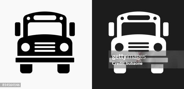 school bus icon on black and white vector backgrounds - mini bus stock illustrations