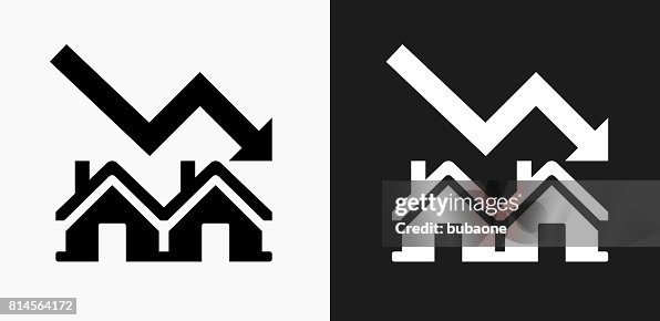 Real Estate Market Decrease Icon on Black and White Vector Backgrounds Real Estate Market Decrease Icon on Black and White Vector Backgrounds