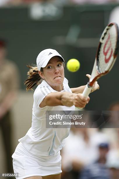 Tennis: Wimbledon, Closeup of Belgium Justine Henin-Hardenne in action vs France Severine Bremond during Quarterfinals at All England Club, London,...