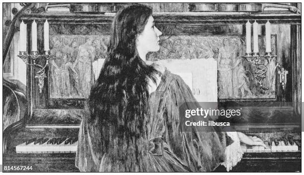 illustrazioni stock, clip art, cartoni animati e icone di tendenza di foto antica di dipinti: donna che suona il pianoforte - pianista