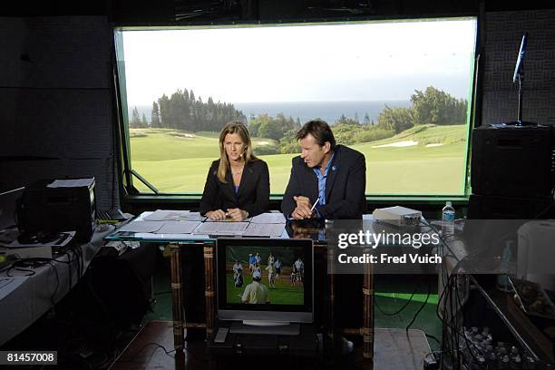 Golf: Mercedes Championship, Golf Channel media announcers Kelly Tilghman and Nick Faldo in CBS studio on Wednesday at Kapalua Plantation, Maui, HI...