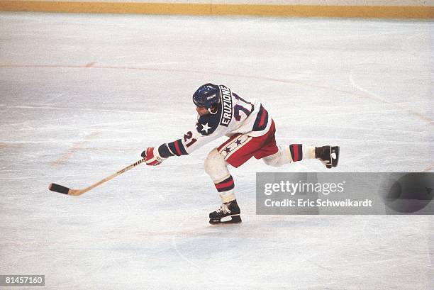 Hockey: 1980 Winter Olympics, USA Mike Eruzione in action vs USR, Lake Placid, NY 2/22/1980