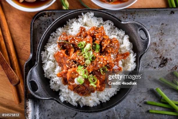 spicy pan seared pork over white rice - rice bowl above stock pictures, royalty-free photos & images
