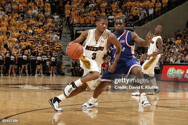 College Basketball: Missouri Stefhon Hannah in action vs Kansas, Columbia, MO 2/10/2007